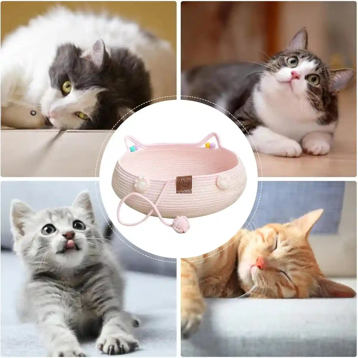 Hand-Woven Cotton Cat Nest Bed with Toy Ball for Kittens Pink