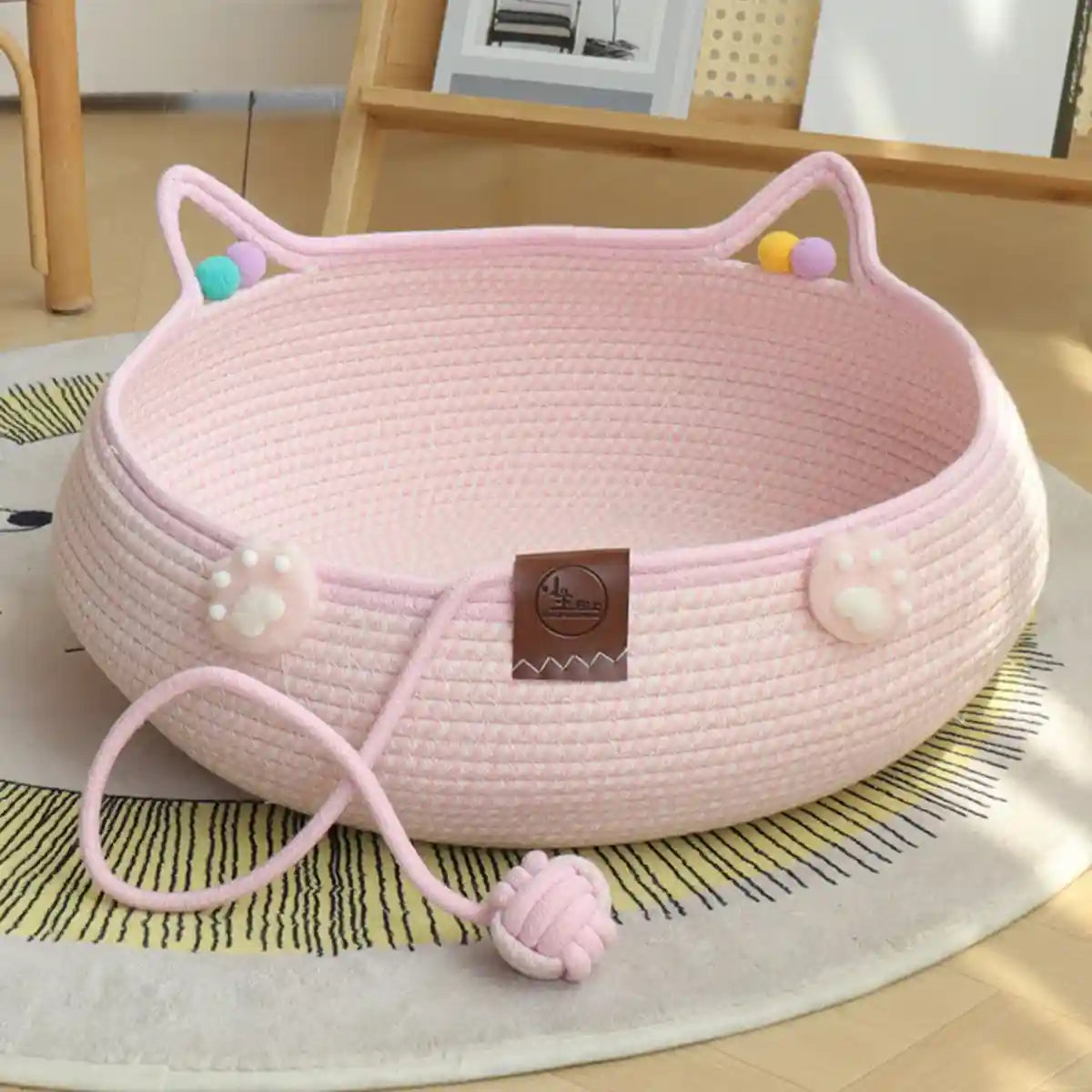 Hand-Woven Cotton Cat Nest Bed with Toy Ball for Kittens Pink