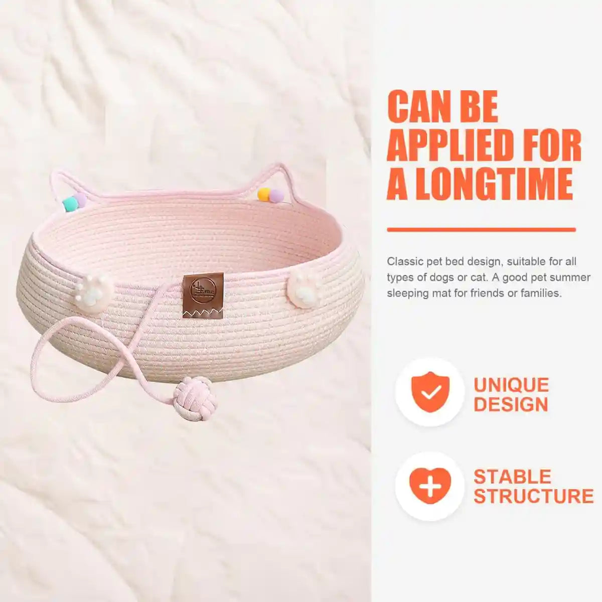 Hand-Woven Cotton Cat Nest Bed with Toy Ball for Kittens Pink
