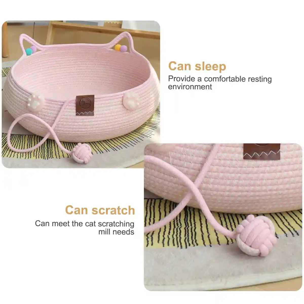 Hand-Woven Cotton Cat Nest Bed with Toy Ball for Kittens Pink