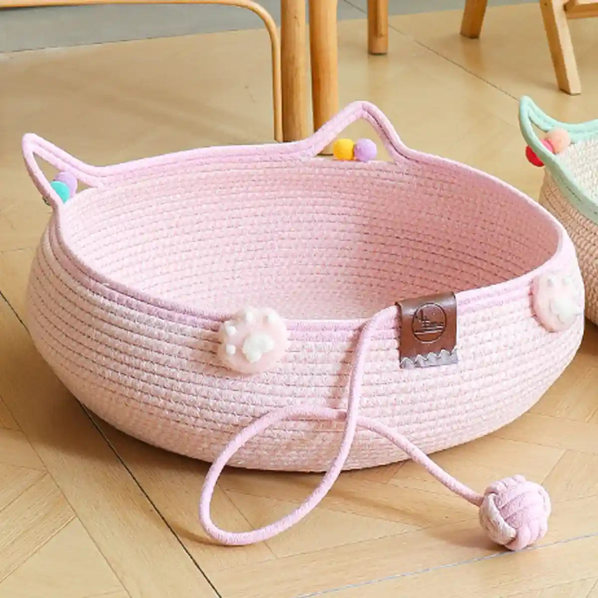 Hand-Woven Cotton Cat Nest Bed with Toy Ball for Kittens Pink