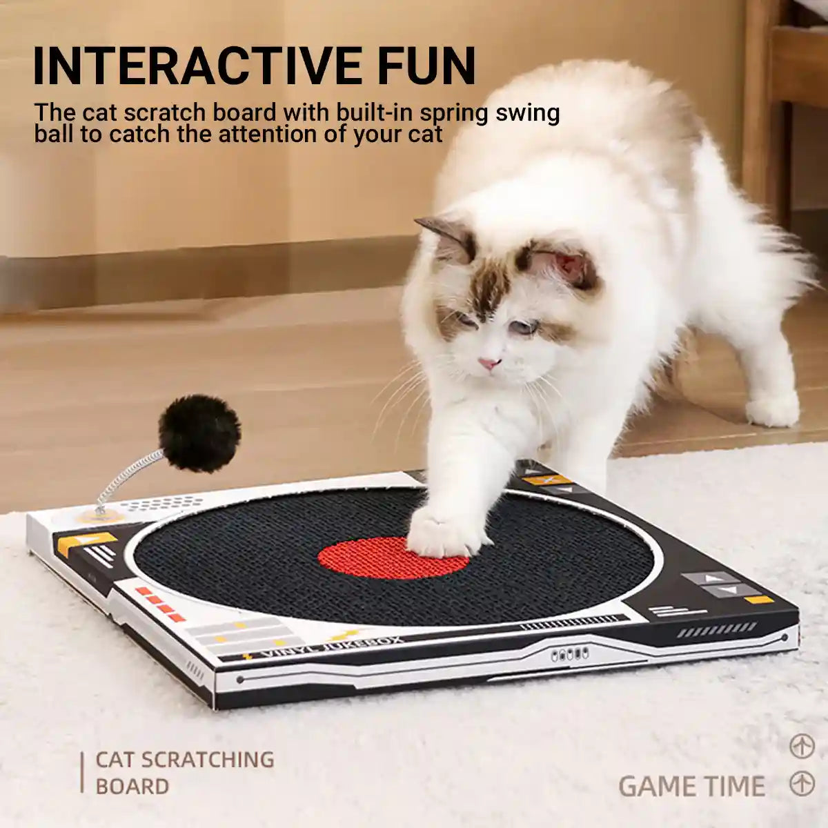 DJ Turntable Cat Scratching Board Interactive Cat Toy with Spring Ball