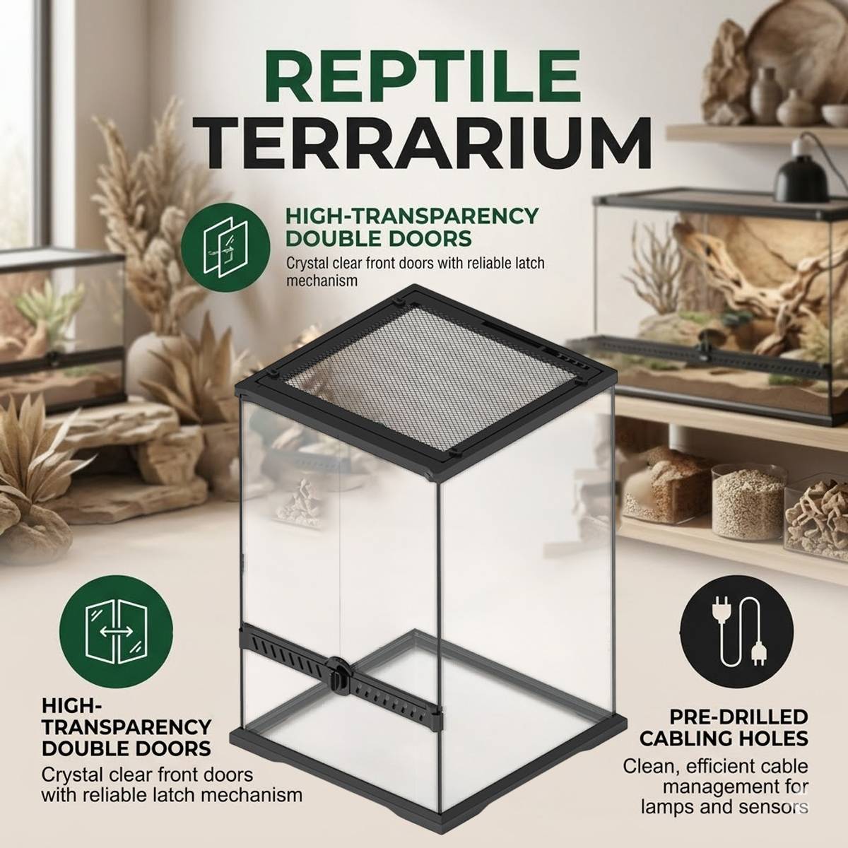 Reptile Terrarium Glass Tank with Double Doors