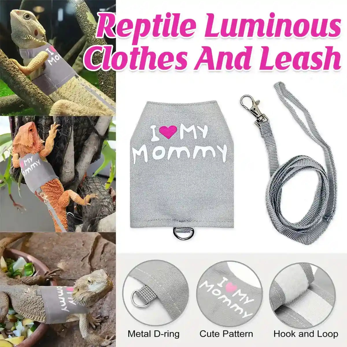 Luminous Reptile Clothes and Leash Set with "I Love Mommy" Print