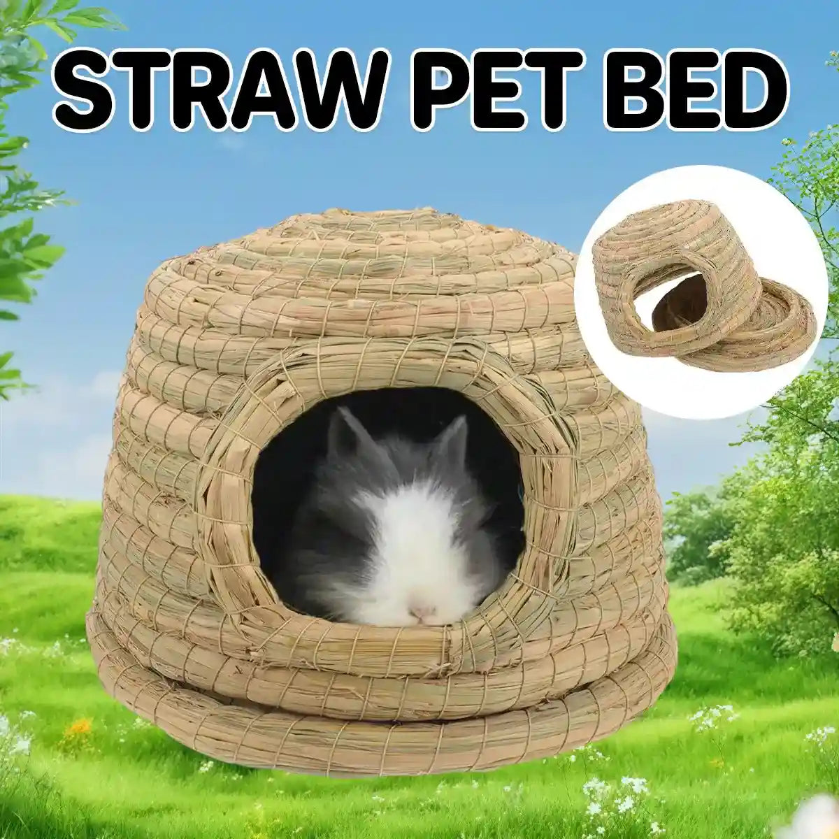 Natural straw rabbit house with detachable base for small pet comfort