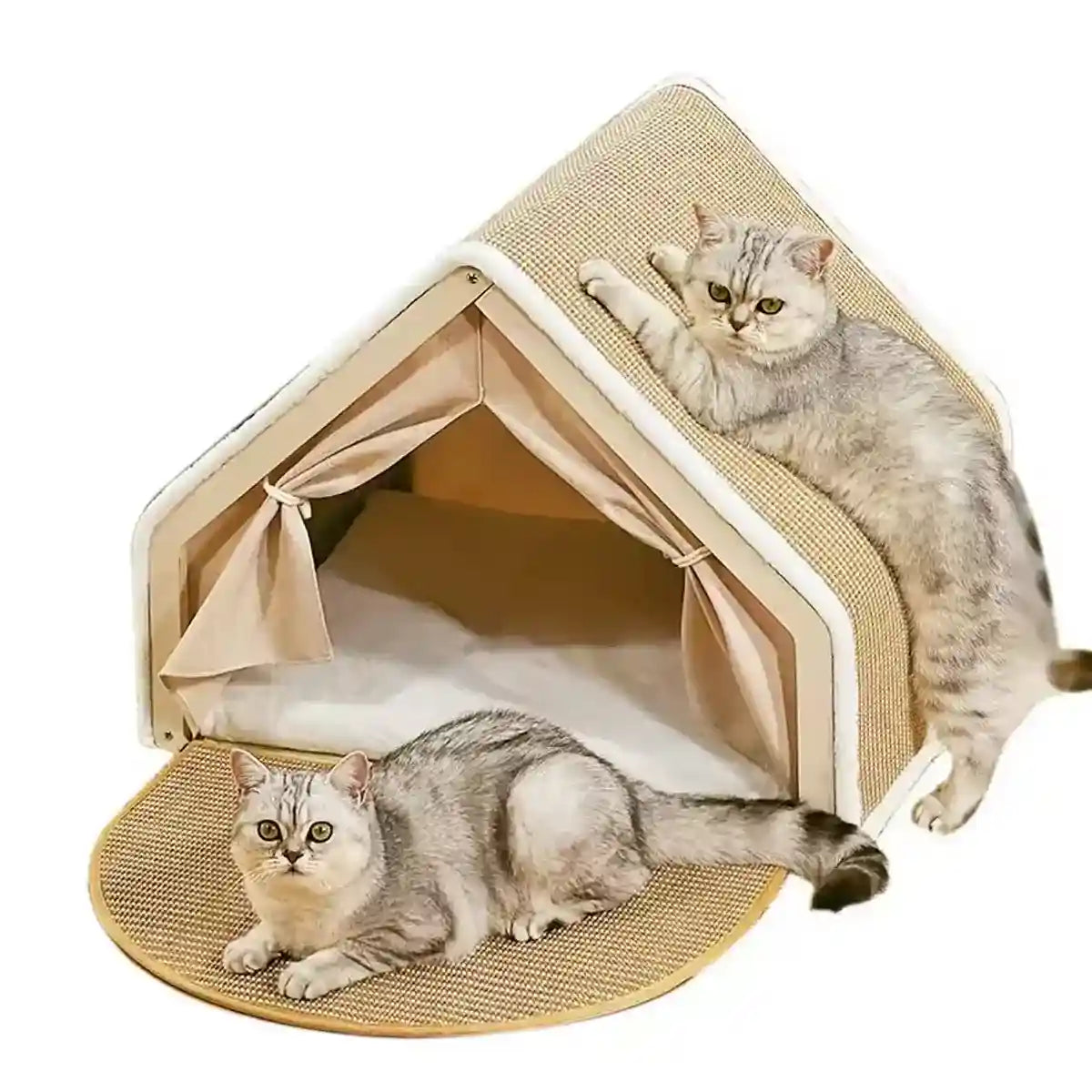 Sisal Cat House with Scratching Roof and Foldable Floor Mat