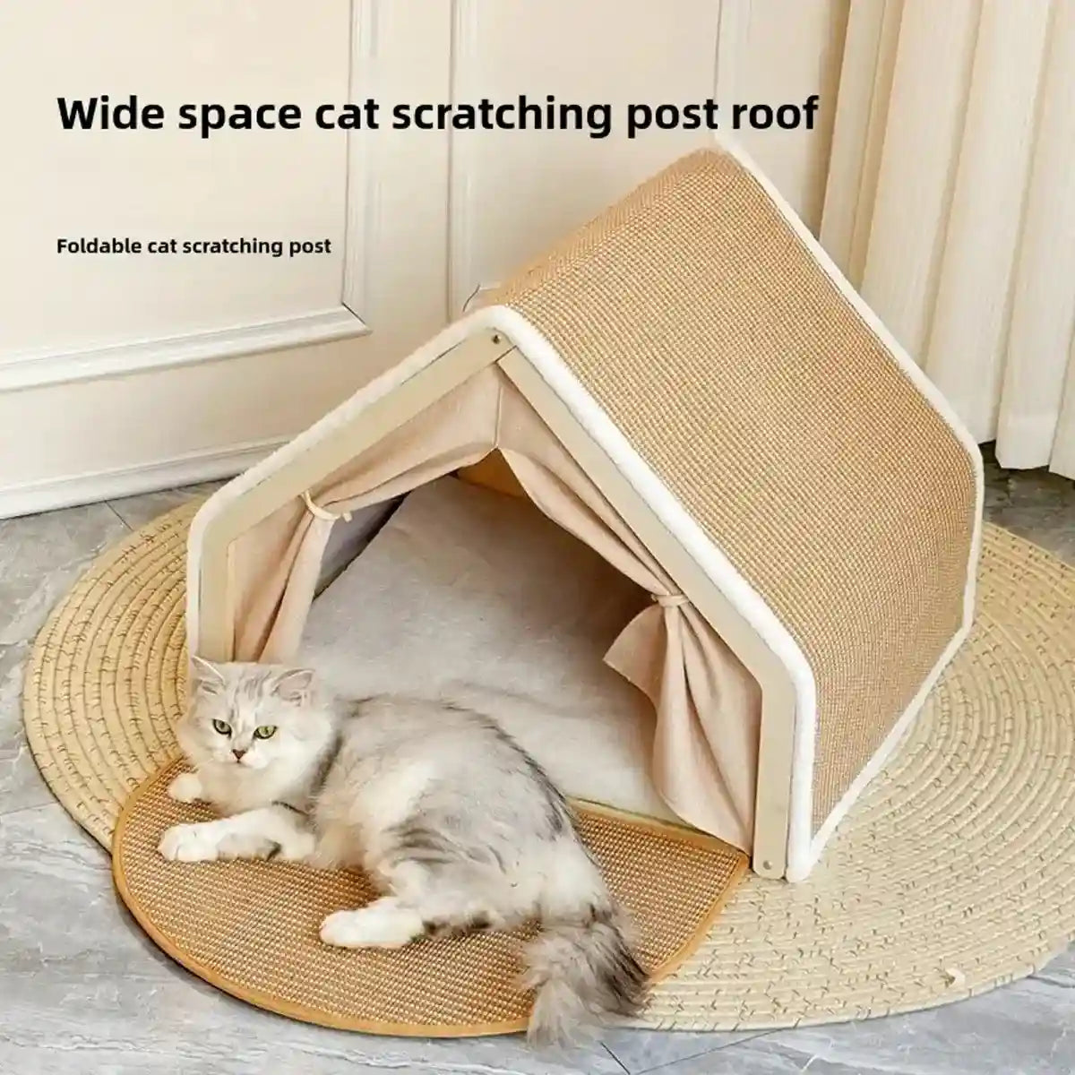 Sisal Cat House with Scratching Roof and Foldable Floor Mat