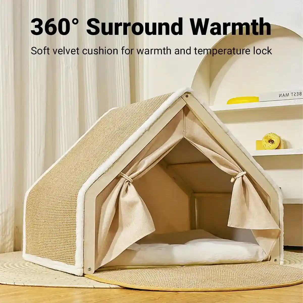 Sisal Cat House with Scratching Roof and Foldable Floor Mat