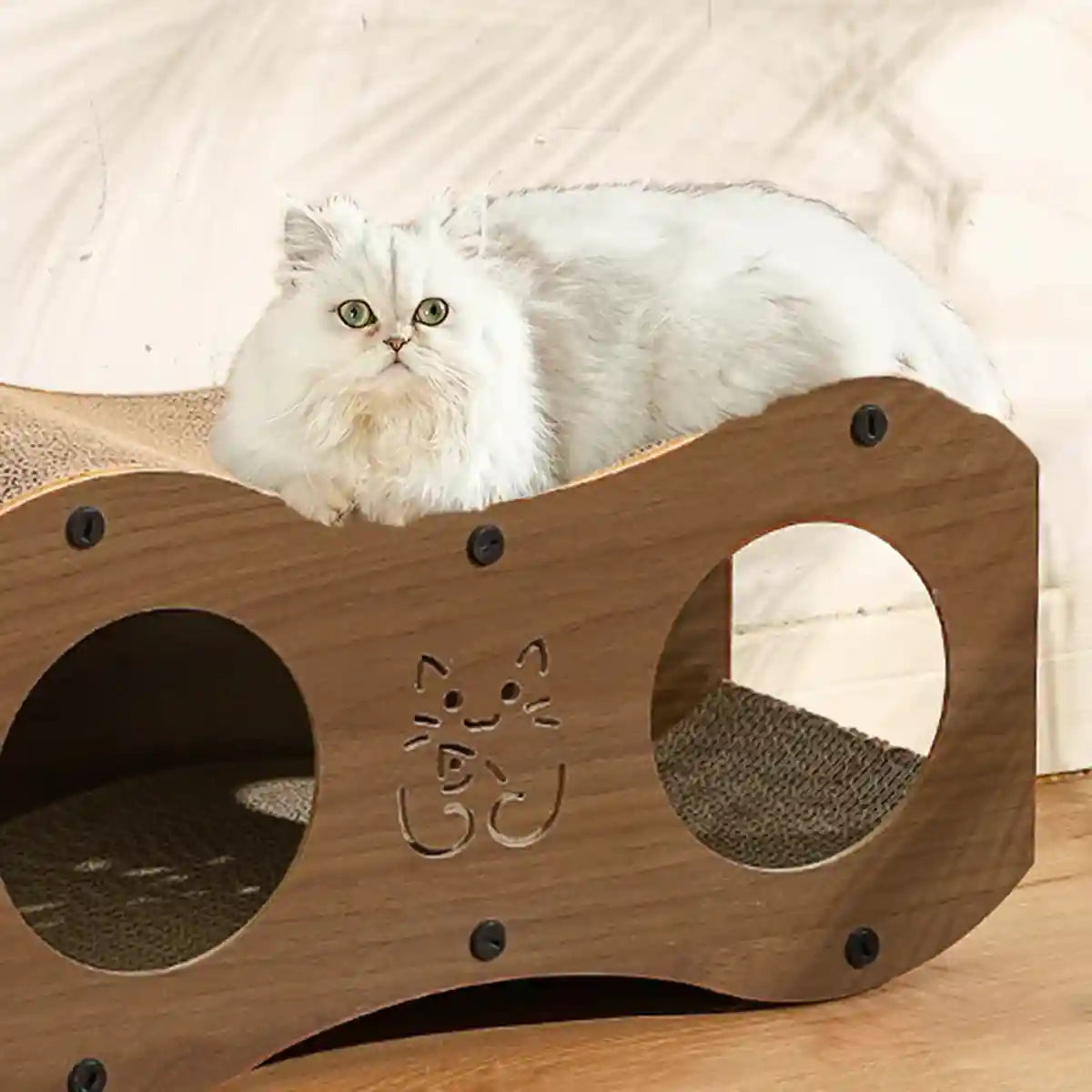 3-in-1 Cat Scratcher Tunnel House with Bed & Tunnel Walnut Colour