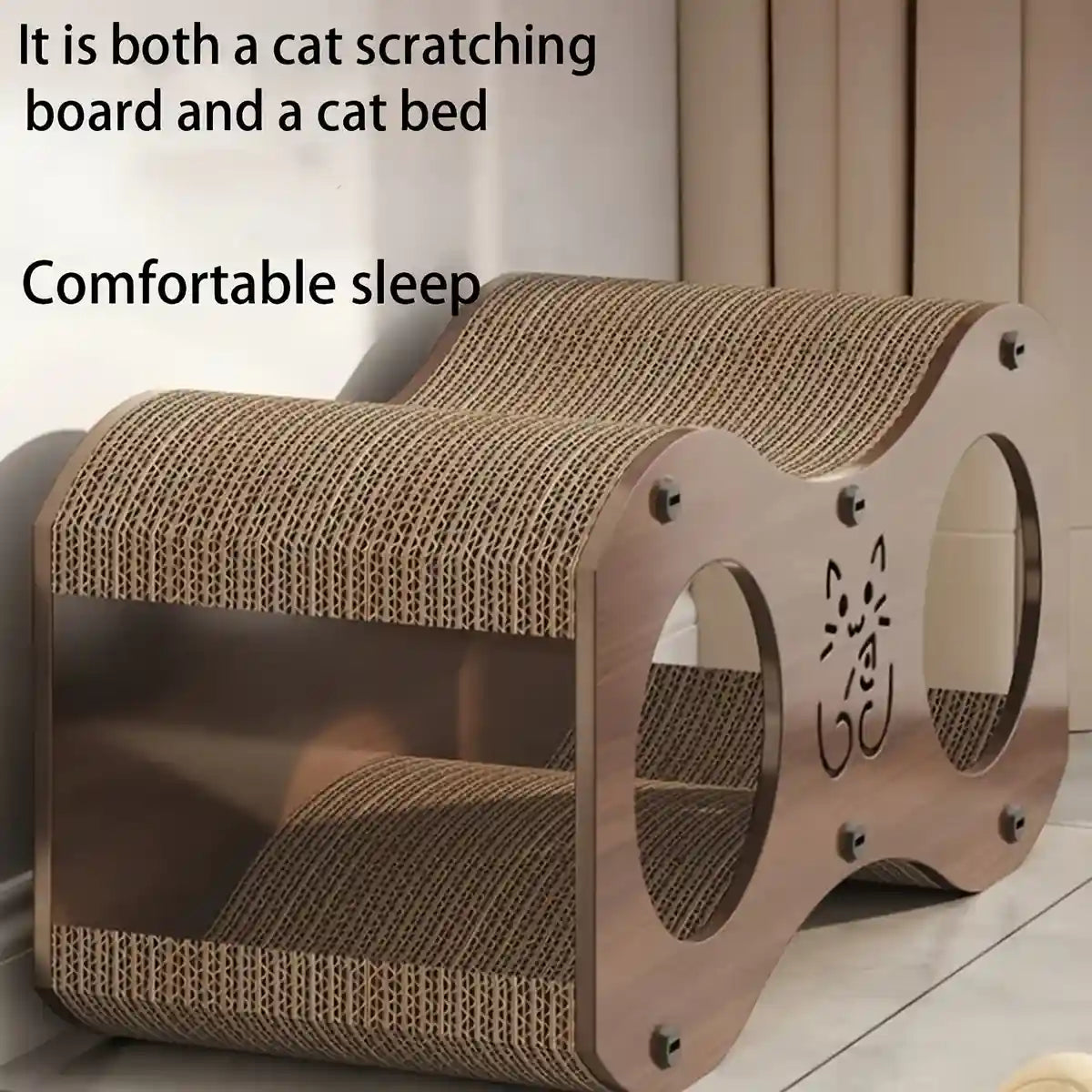 3-in-1 Cat Scratcher Tunnel House with Bed & Tunnel Walnut Colour