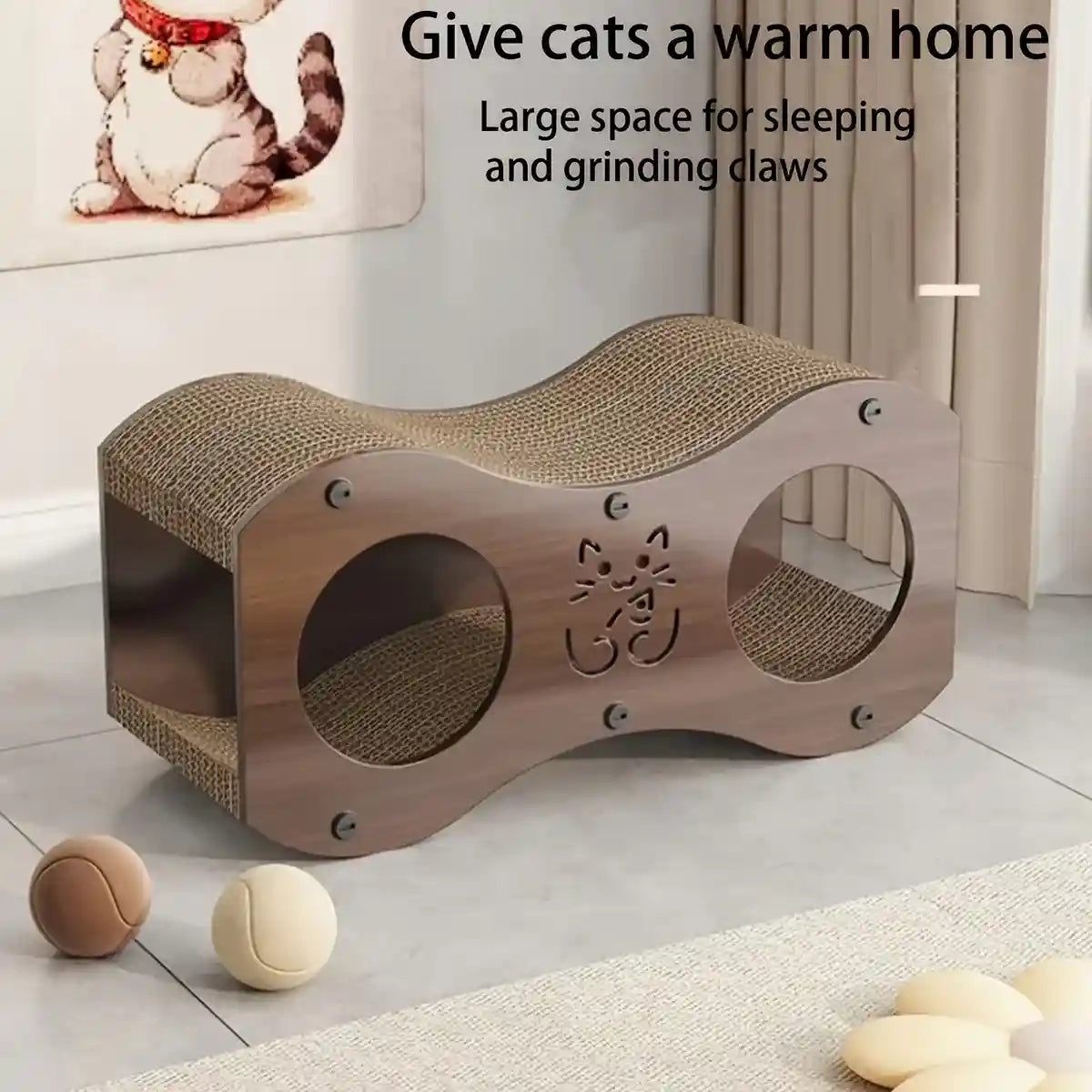 3-in-1 Cat Scratcher Tunnel House with Bed & Tunnel Walnut Colour