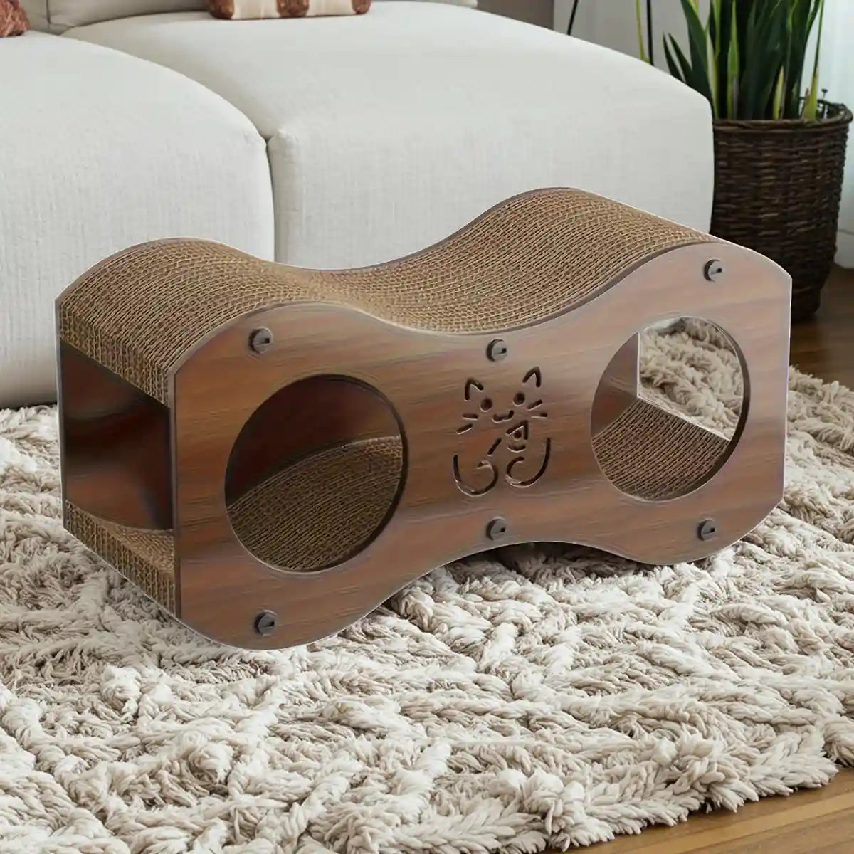 3-in-1 Cat Scratcher Tunnel House with Bed & Tunnel Walnut Colour