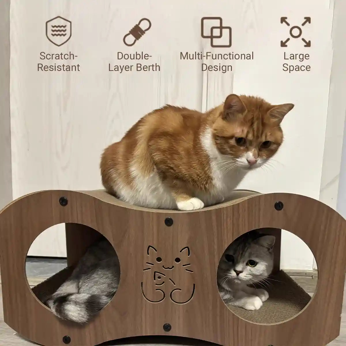 3-in-1 Cat Scratcher Tunnel House with Bed & Tunnel Walnut Colour