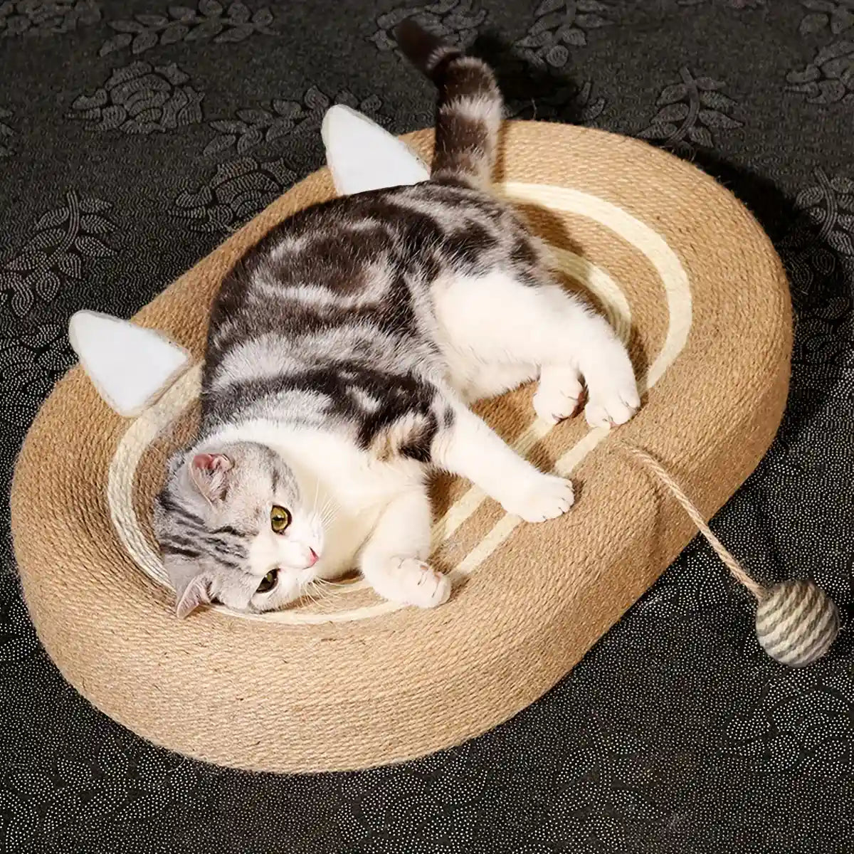 Oval Sisal Cat Scratching Bed with Ball Toy and Ears Design