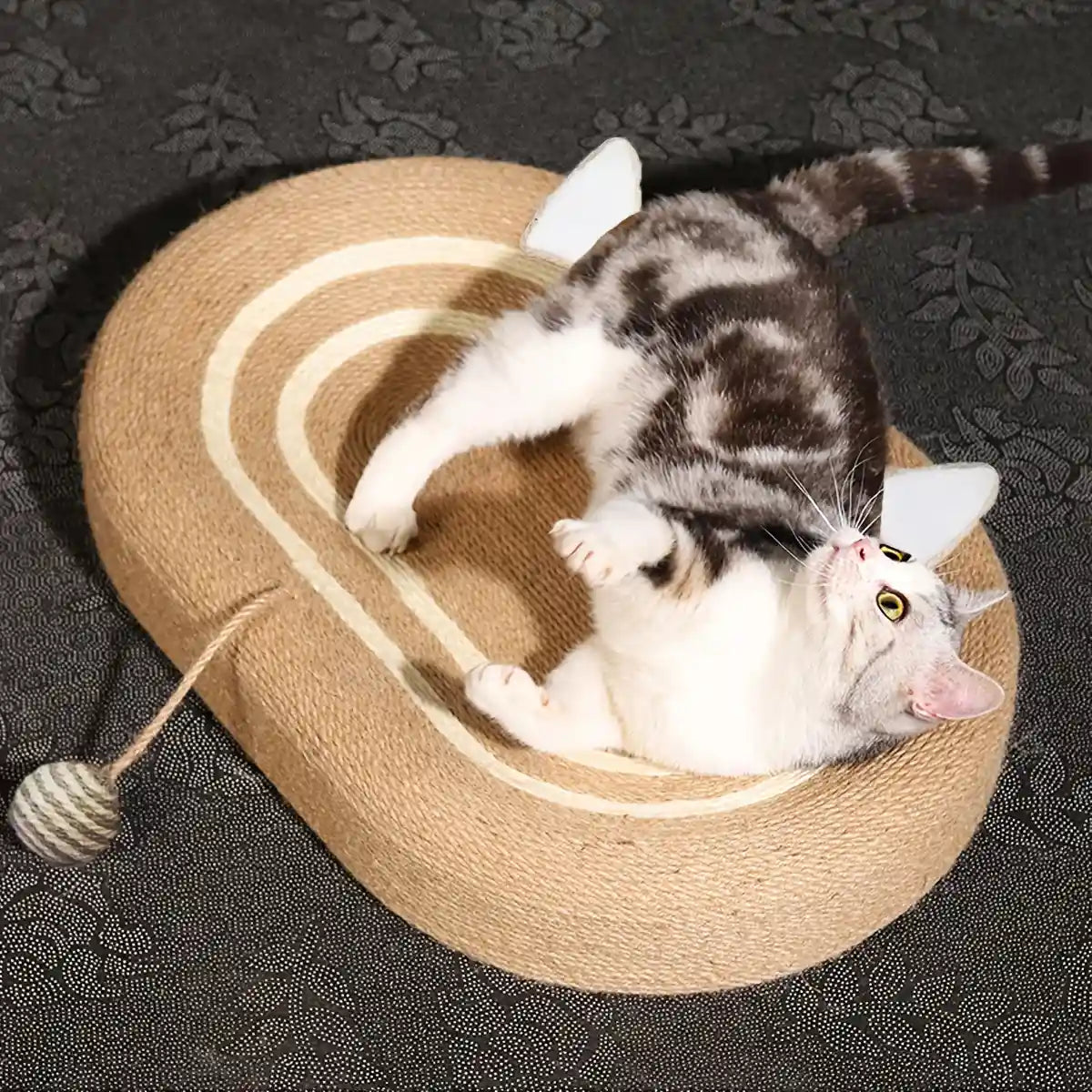 Oval Sisal Cat Scratching Bed with Ball Toy and Ears Design