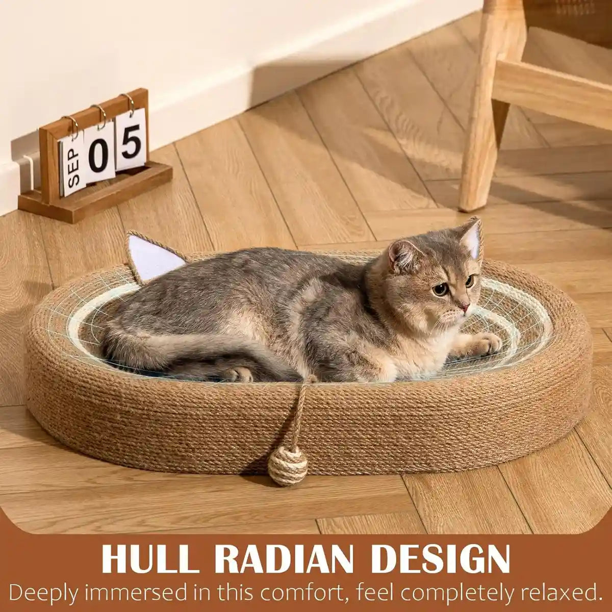 Oval Sisal Cat Scratching Bed with Ball Toy and Ears Design