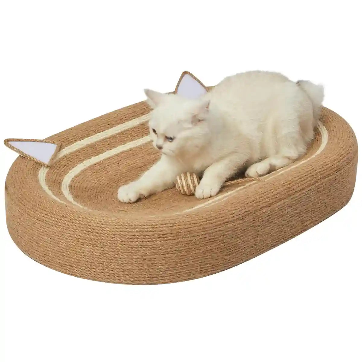 Oval Sisal Cat Scratching Bed with Ball Toy and Ears Design
