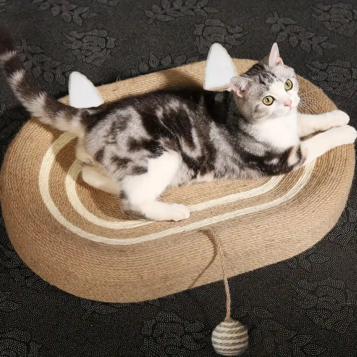 Oval Sisal Cat Scratching Bed with Ball Toy and Ears Design
