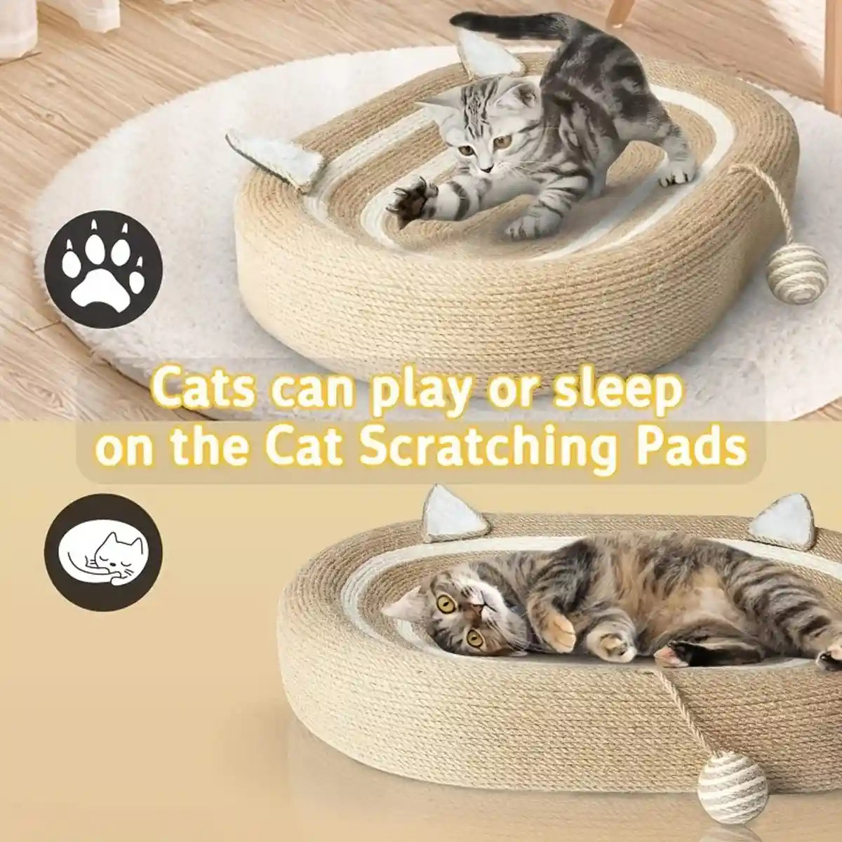 Oval Sisal Cat Scratching Bed with Ball Toy and Ears Design