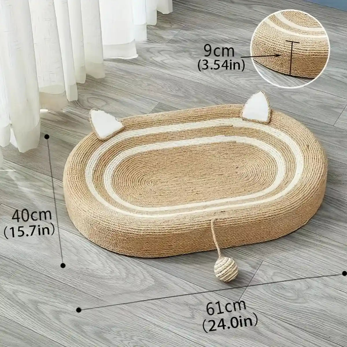 Oval Sisal Cat Scratching Bed with Ball Toy and Ears Design