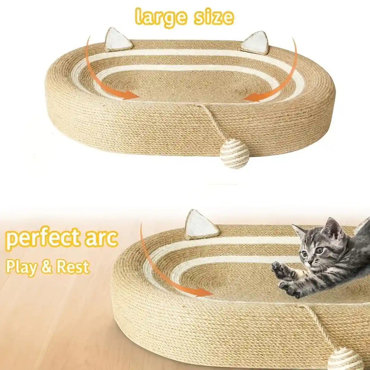 Oval Sisal Cat Scratching Bed with Ball Toy and Ears Design