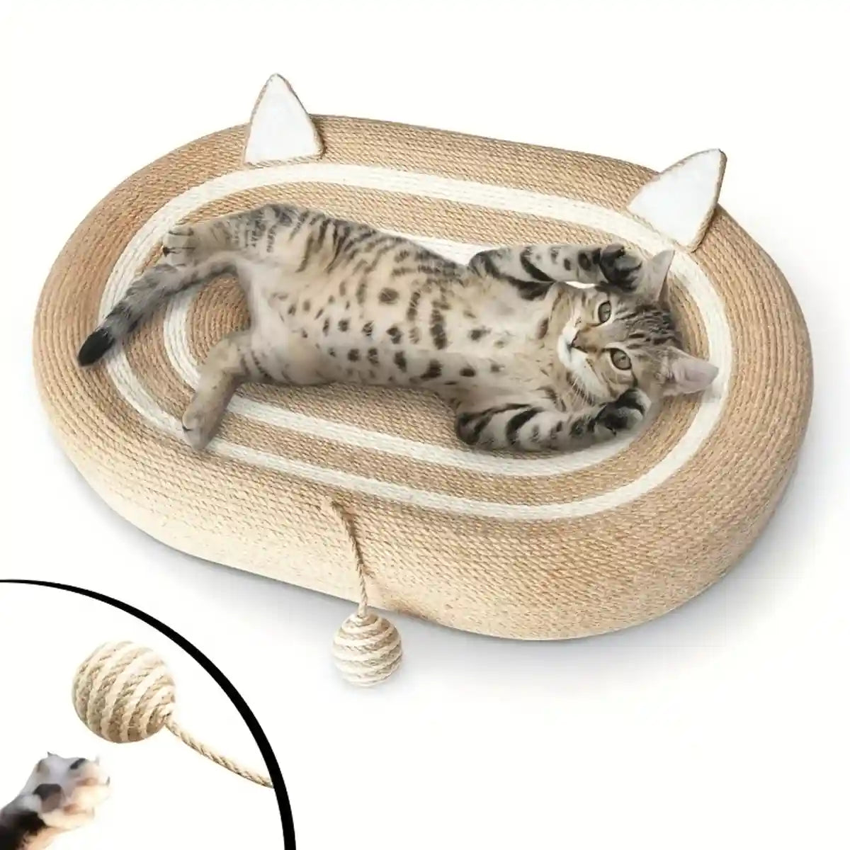 Oval Sisal Cat Scratching Bed with Ball Toy and Ears Design
