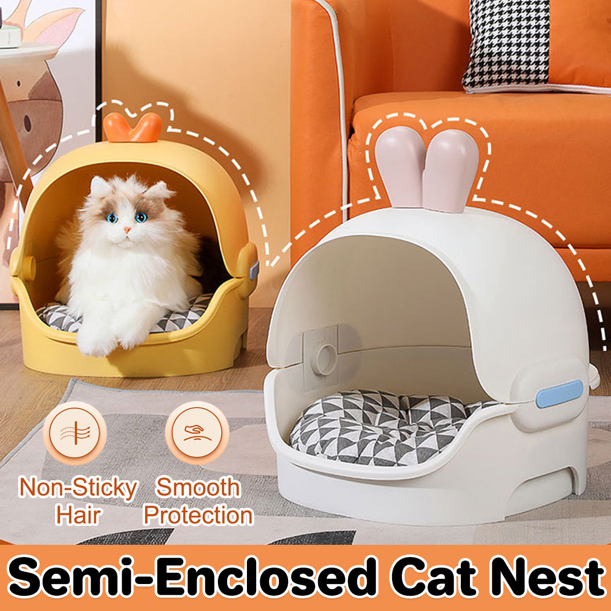 Semi-Enclosed Cat Bed With Cushion Duck Or Rabbit Design