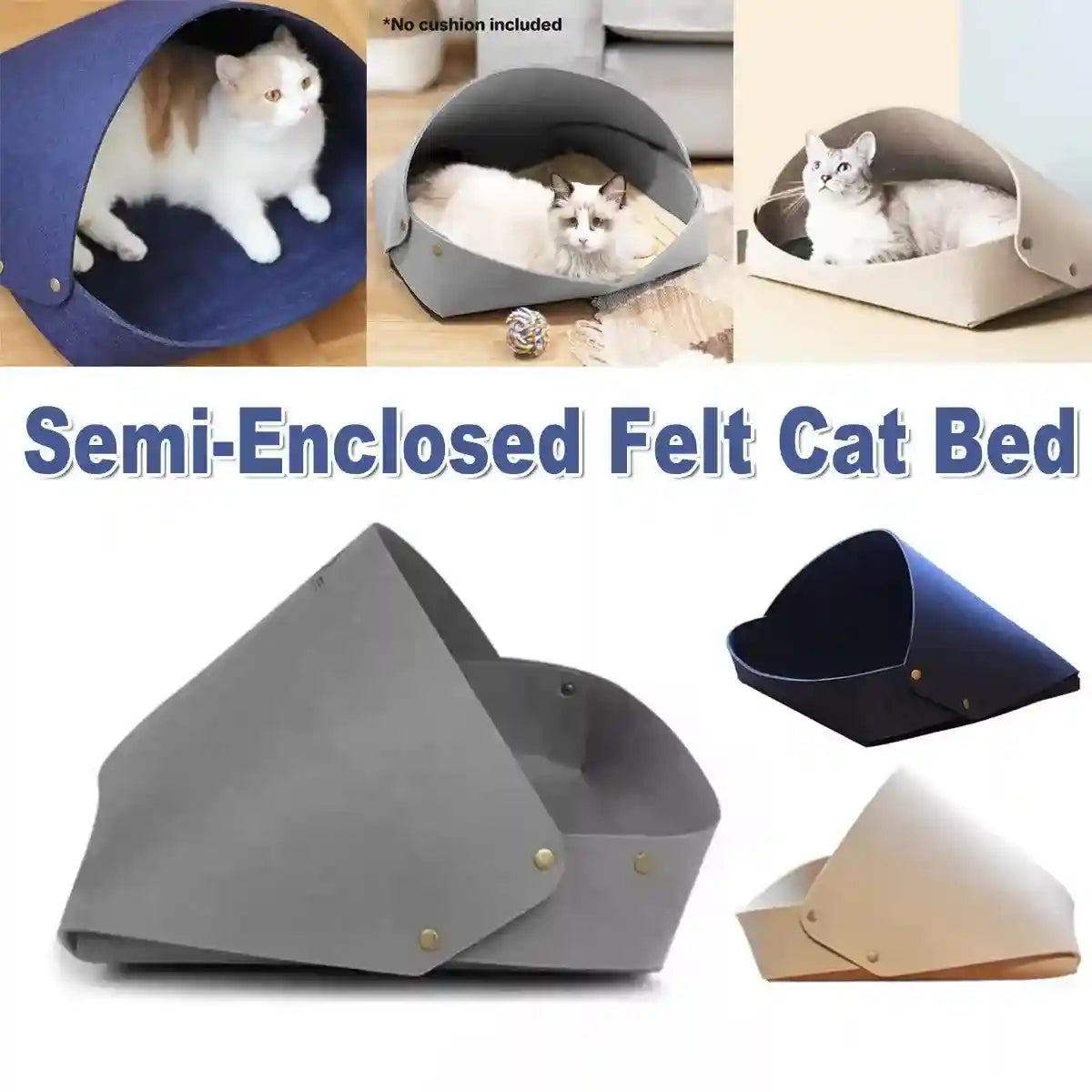 Semi-Enclosed Felt Cat Bed Comfortable & Stylish Cat Nest 3 Colors