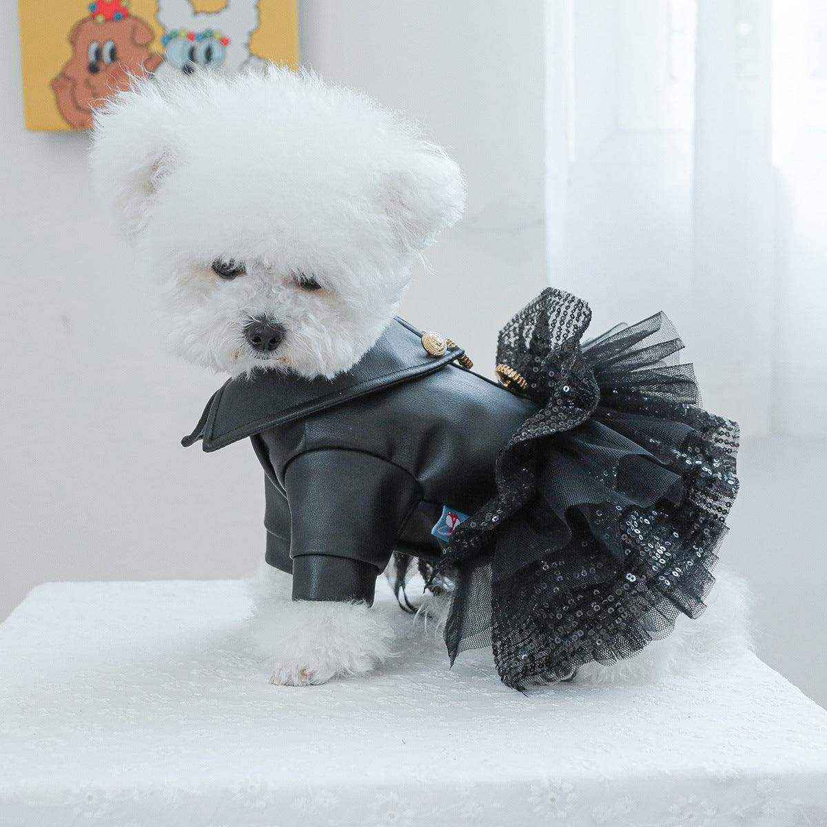 Faux Leather Dog Dress with Sequins Stylish Small Pet Outfit for Autumn & Winter