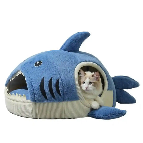 Shark-shaped cat cave bed with enclosed plush interior
