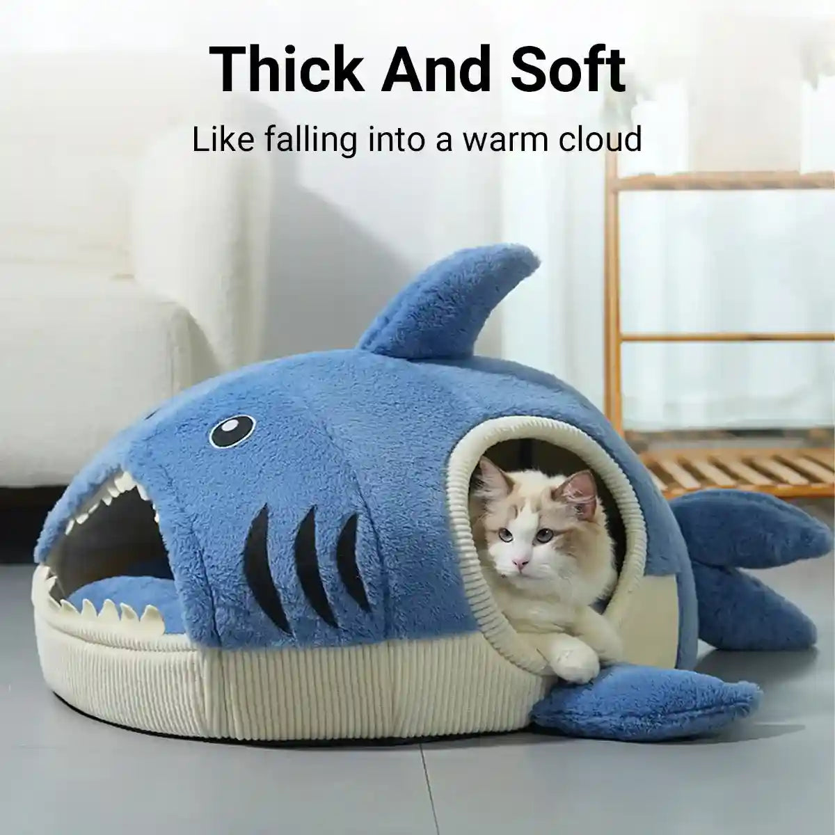 Shark Cat Cave Bed with Plush Cushion for Small Pets