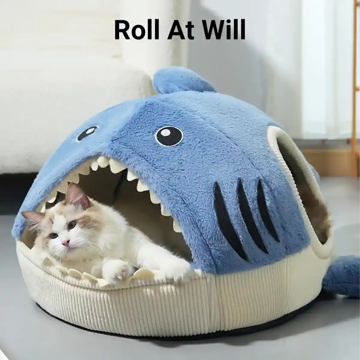 Shark Cat Cave Bed with Plush Cushion for Small Pets