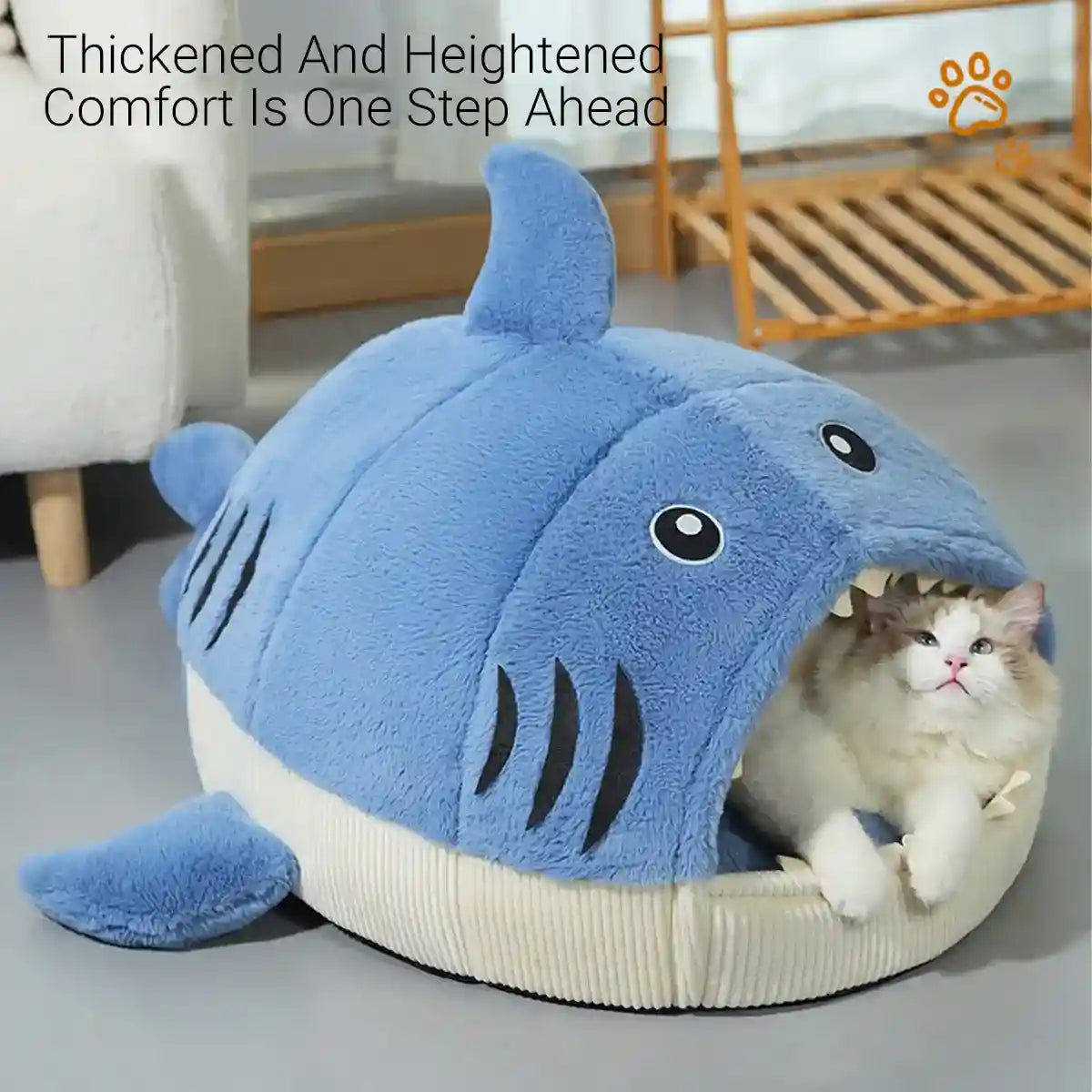 Shark Cat Cave Bed with Plush Cushion for Small Pets