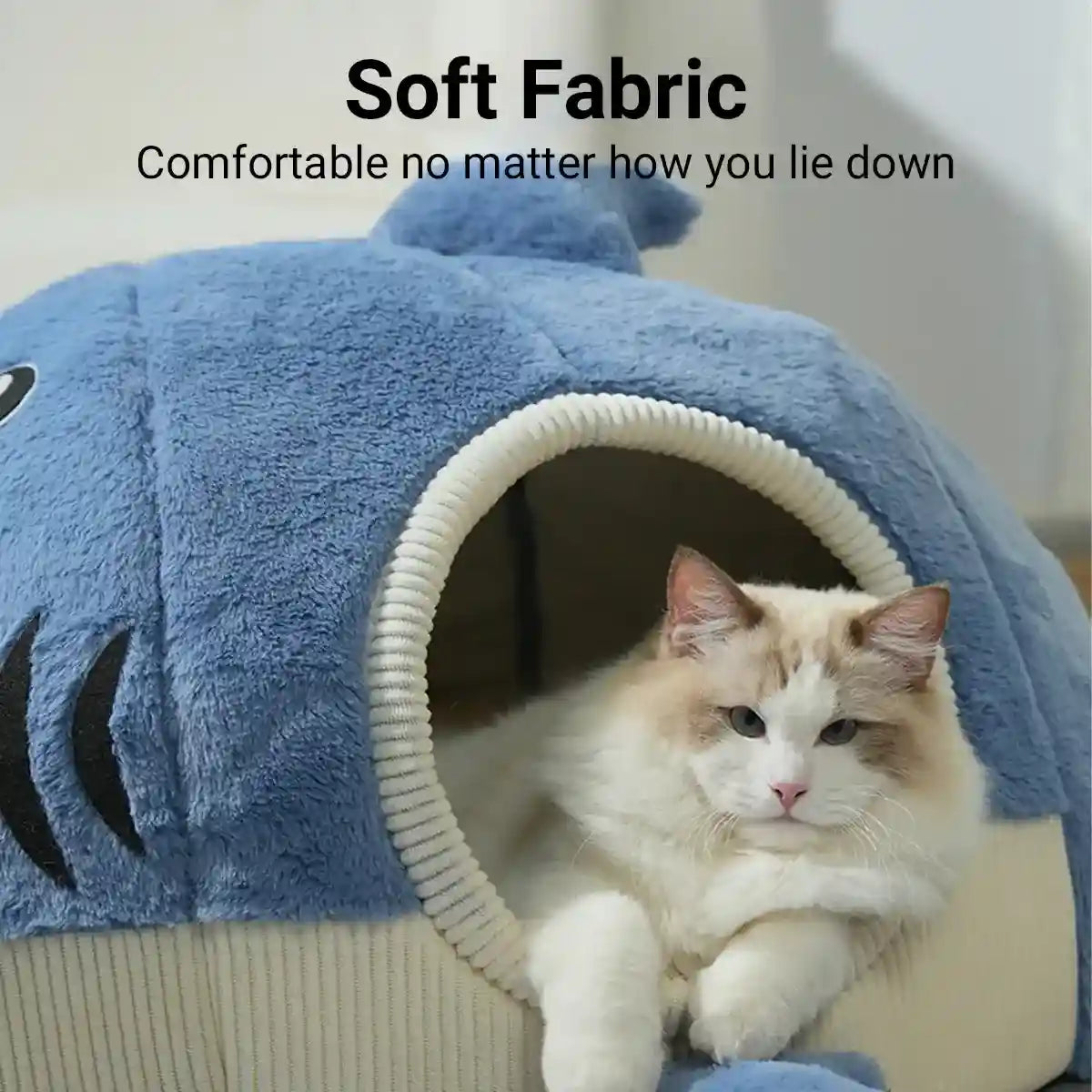 Shark Cat Cave Bed with Plush Cushion for Small Pets