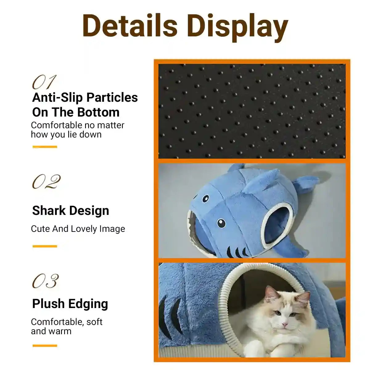 Shark Cat Cave Bed with Plush Cushion for Small Pets