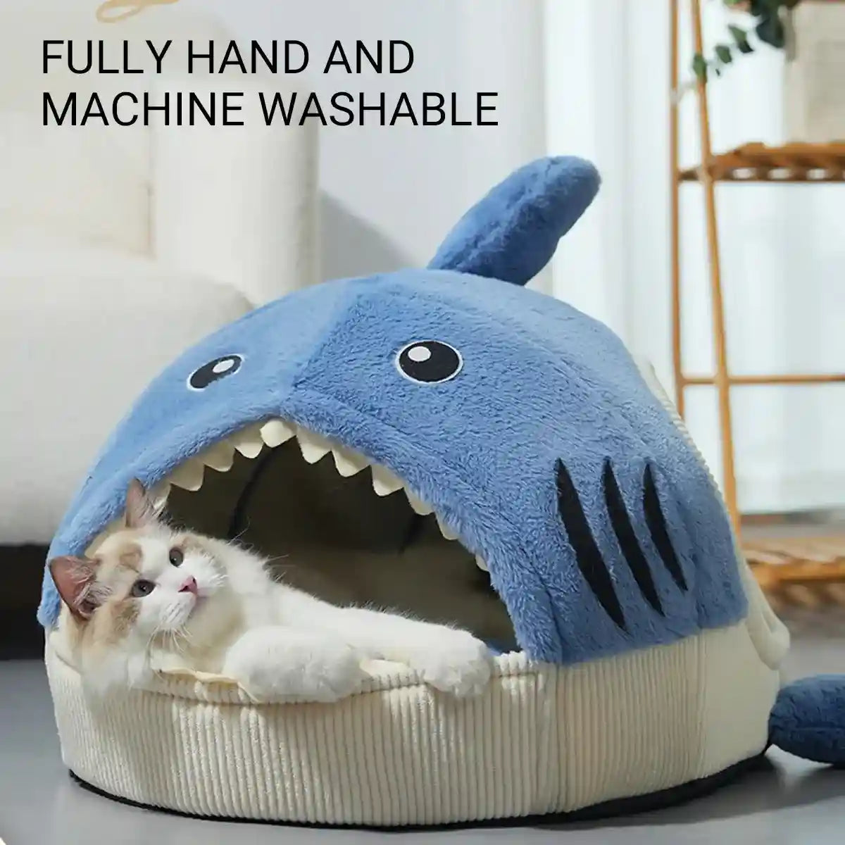 Shark Cat Cave Bed with Plush Cushion for Small Pets
