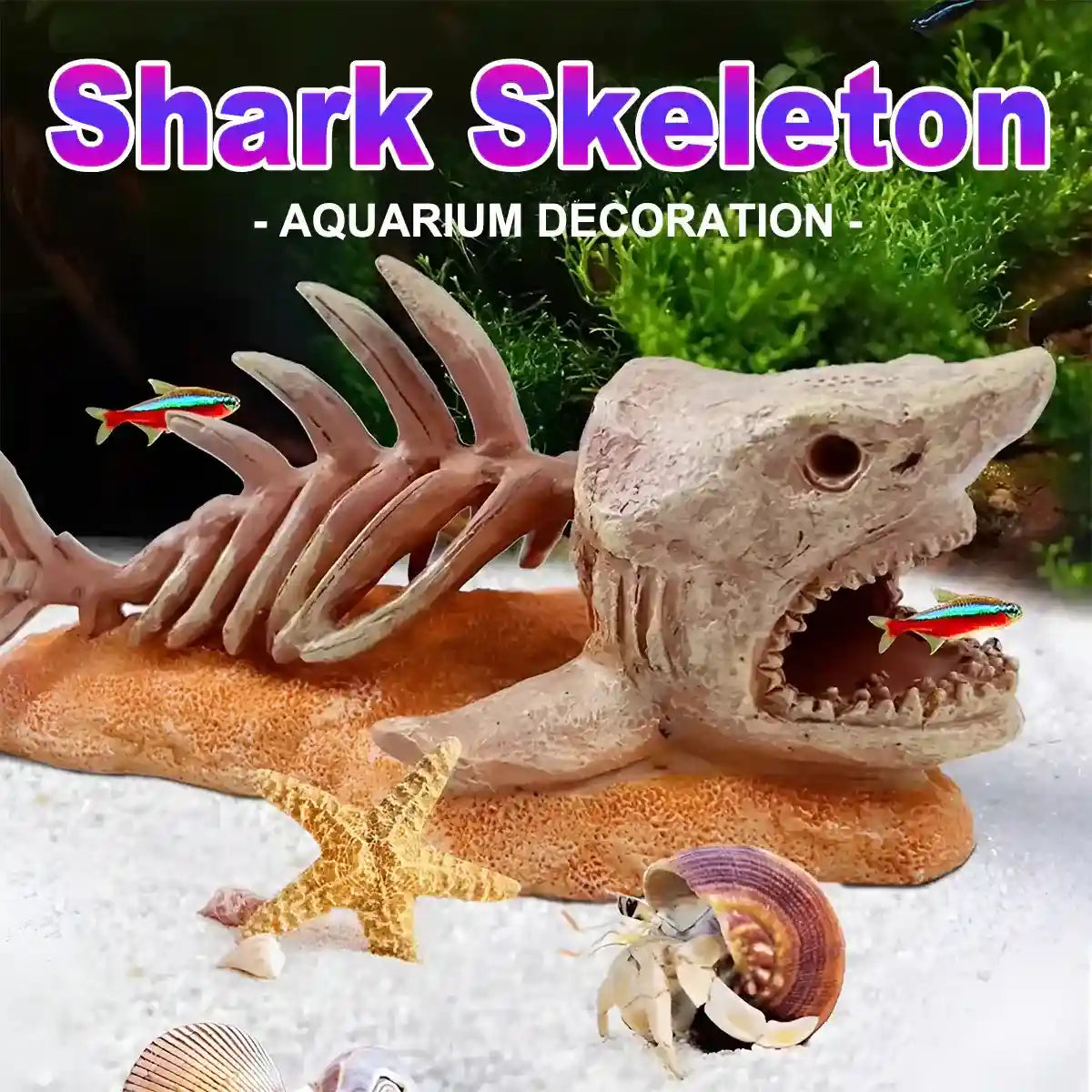 Shark skeleton aquarium ornament for marine-themed tanks