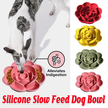 Slow feeder dog bowl with rose design and non-slip suction base