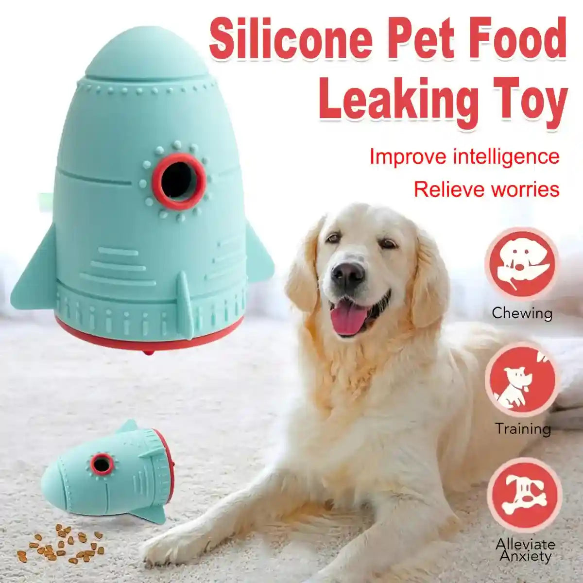 Rocket-shaped dog treat dispenser for mental stimulation