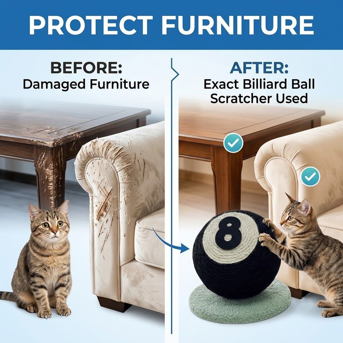 Black 8 Ball Sisal Cat Scratcher Toy Stand