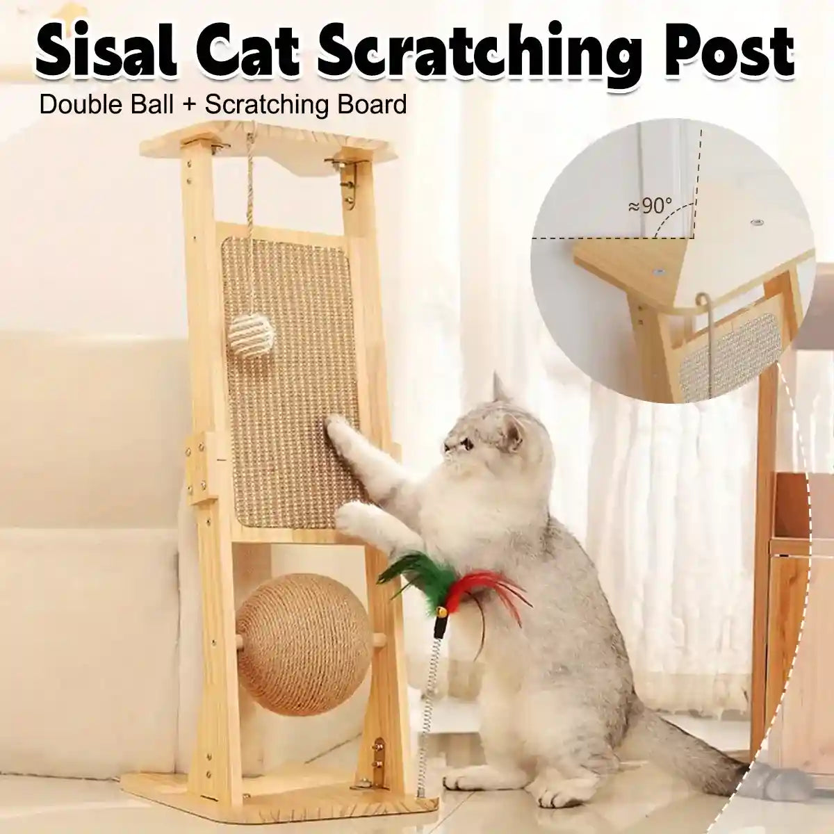 Indoor vertical sisal cat scratching post with interactive toys