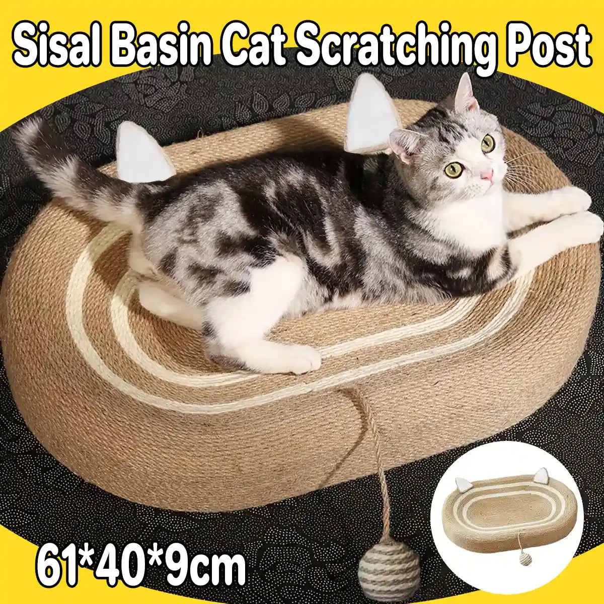 Oval Sisal Cat Scratching Bed with Ball Toy and Ears Design