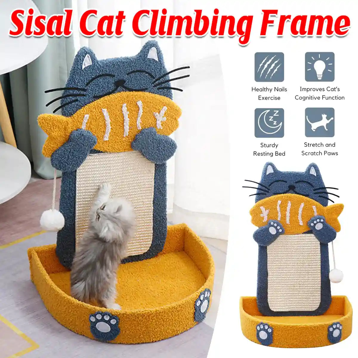 Sisal Cat Climbing Frame with Bed and Interactive Toy Ball