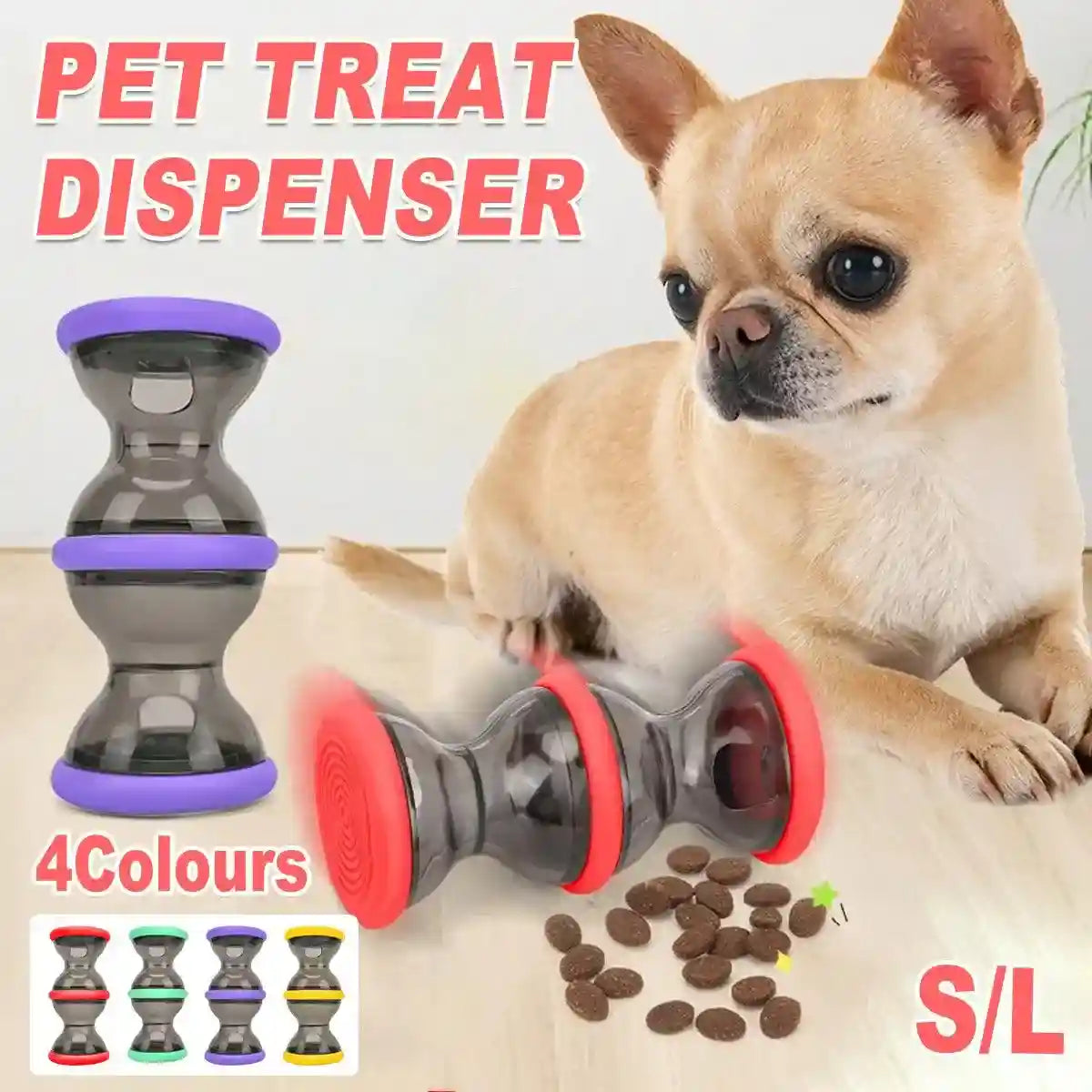 Interactive dog treat dispenser with rolling design for slow feeding and pet training.