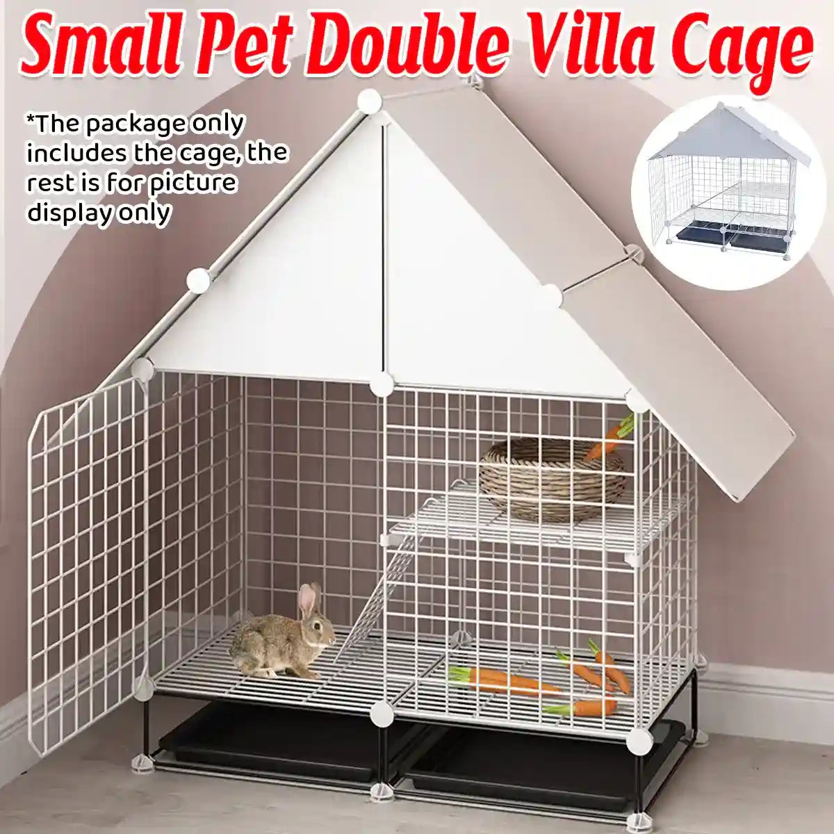 Small Pet Double Villa Cage Two-Tier Metal Habitat for Rabbits