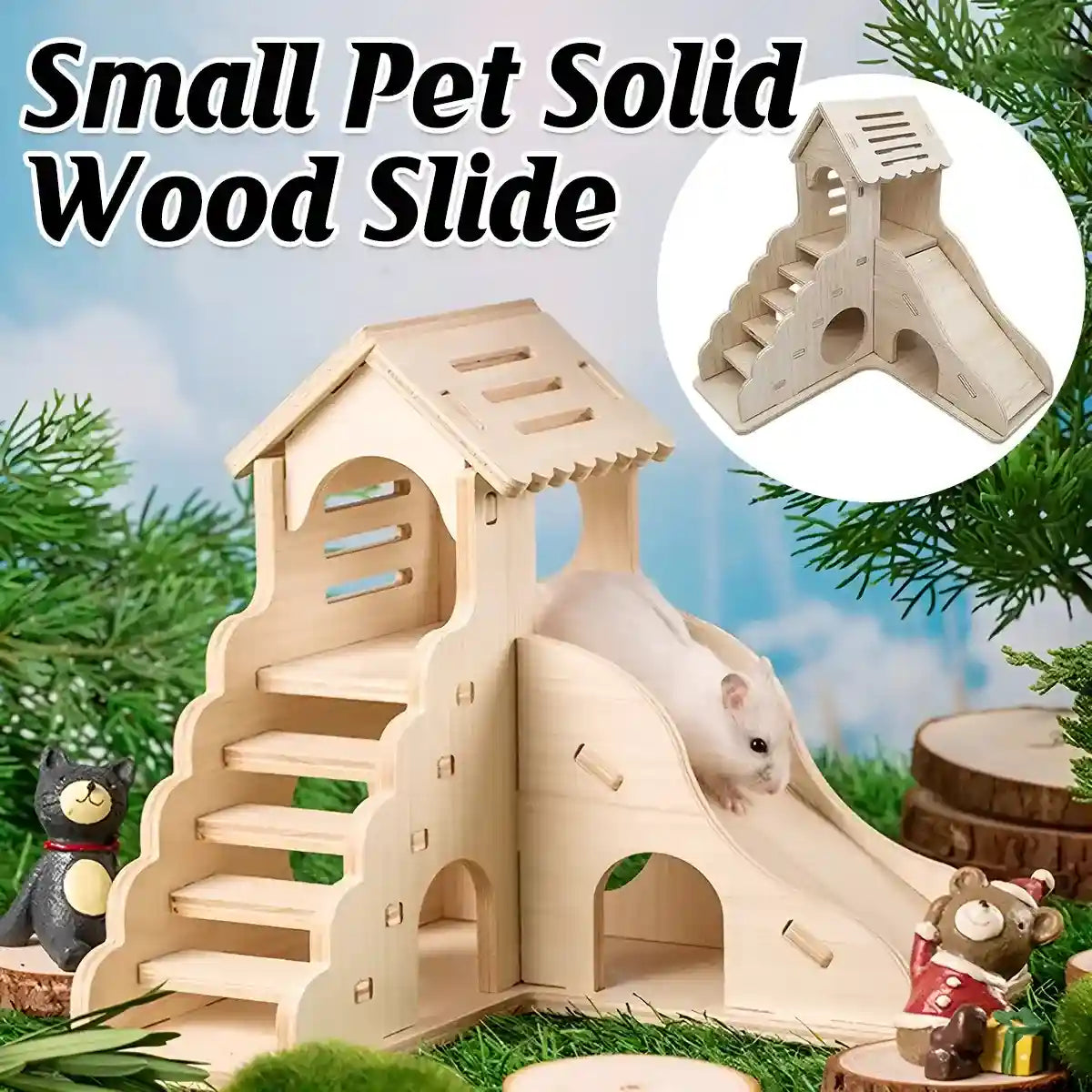 Wooden hamster playground with slide and ladder