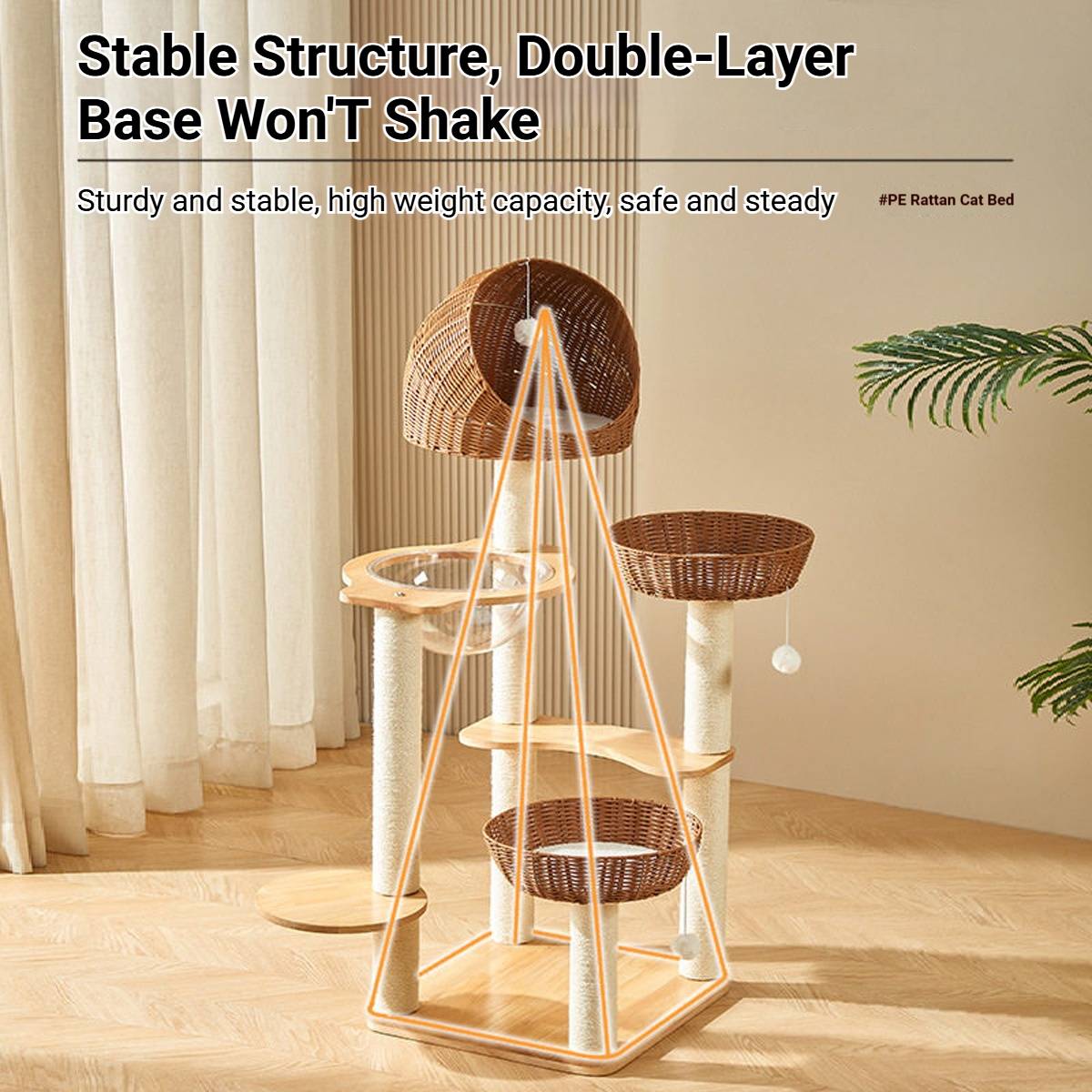 Wood Cat Climbing Frame With Rattan Beds