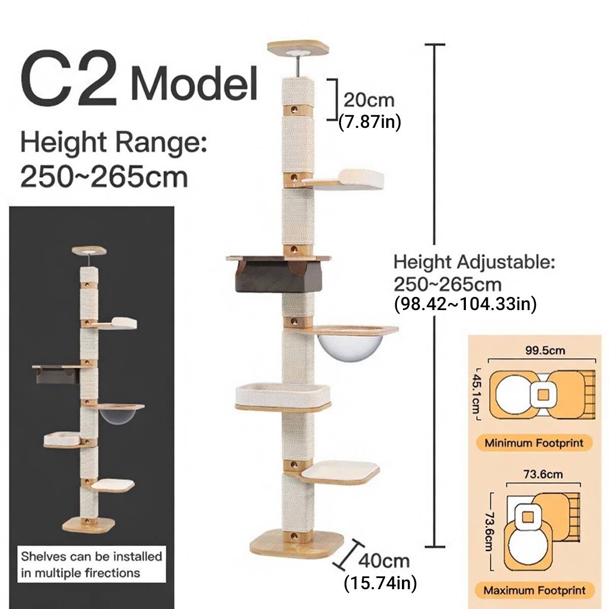 Solid Wood Floor to Ceiling Cat Tree | Adjustable Height Cat Tower