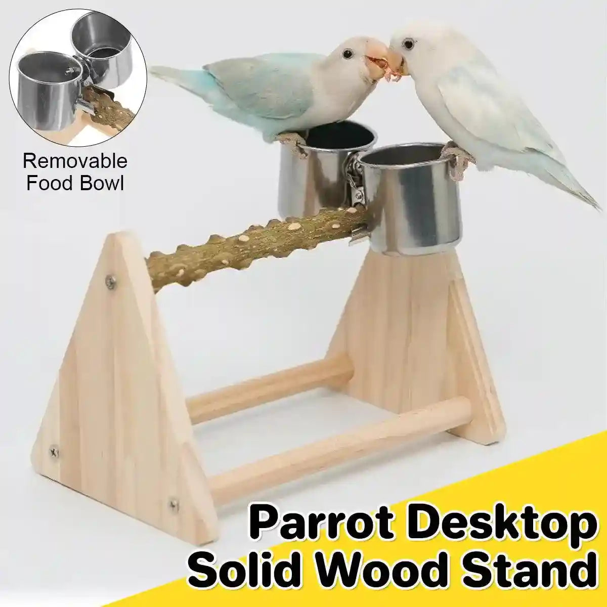 Wooden bird perch stand with stainless steel feeding bowls for parrots