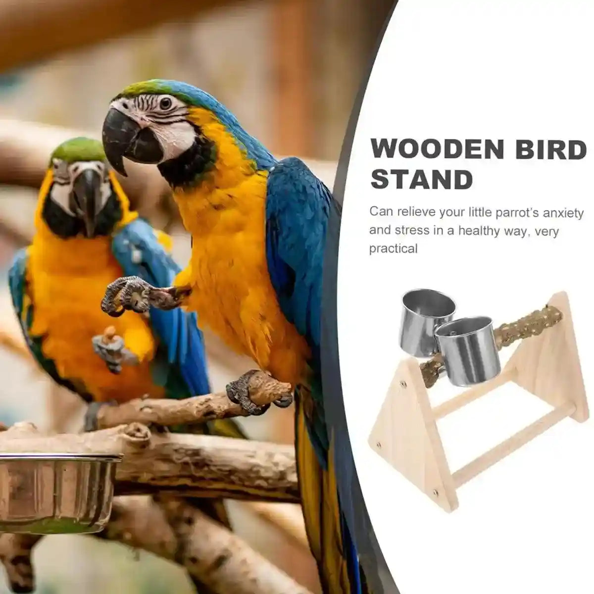 Wooden Desktop Feeder with Bowls Ideal Bird Perch Stand for Small Parrots